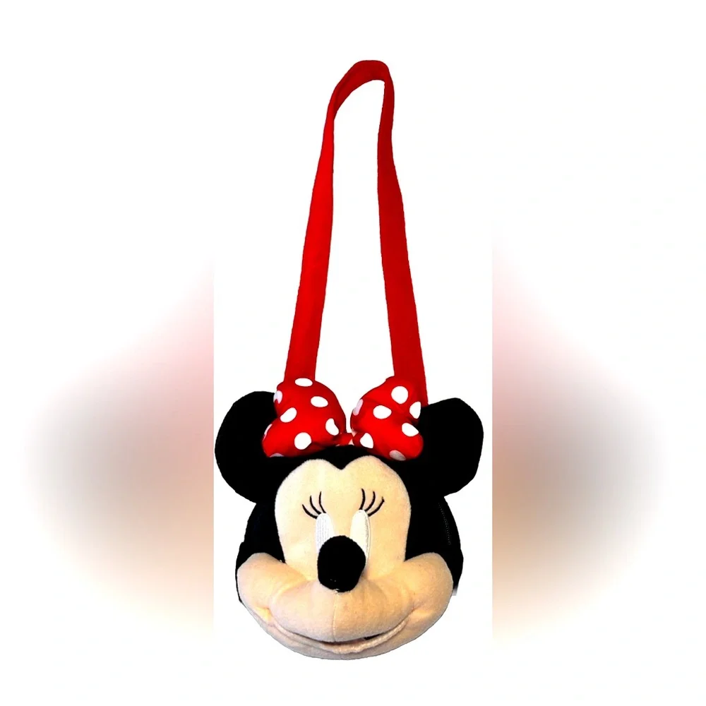Disney Minnie Mouse Plush Head Purse Shoulder Bag Red Polka Dot Bow Zip Bag 2016
